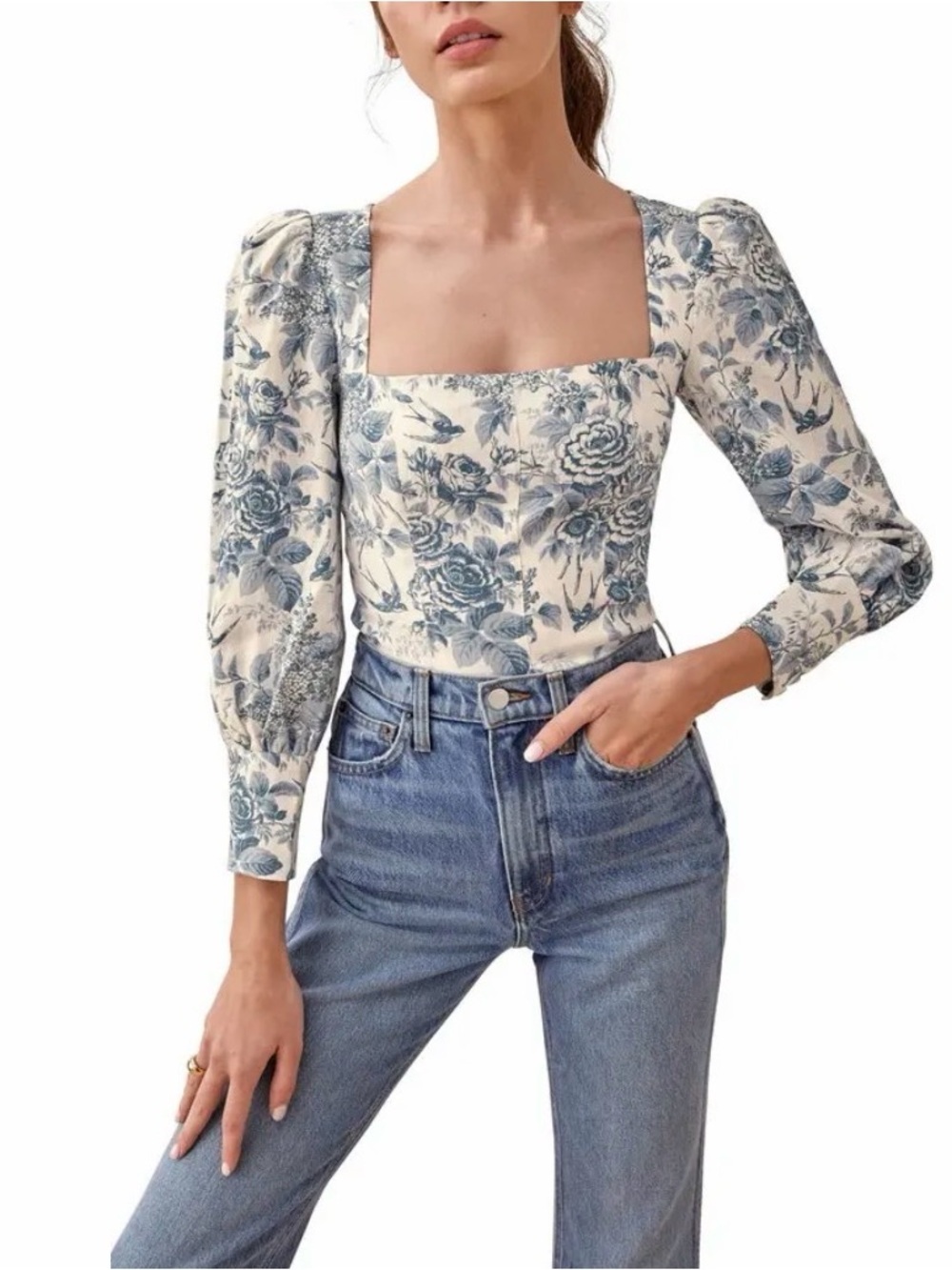 Reformation Stilton Linen Top White and Blue Floral Square-Neck Blouse